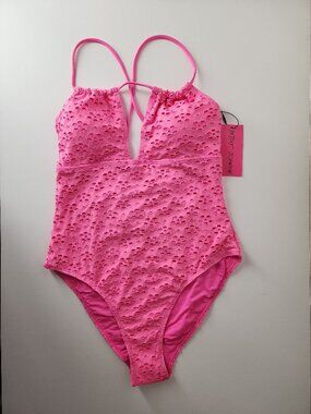 Betsey Johnson Swimsuit sz M eyelet Lace-up cross back ties Sugar Plum Pink New